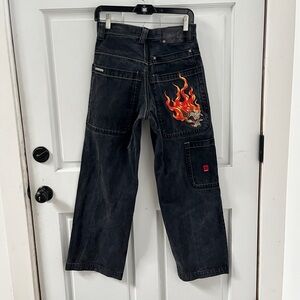 VTG Y2K Men JNCO Flaming Skull Wide-Leg Faded Black Unaltered Jeans 27”
